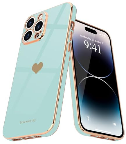 Teageo for iPhone 14 Pro Case Cute Heart Pattern for Women Girls Slim Luxury Bling Plating Soft TPU Anti-Scratch Shockproof Bumper Phone Case for iPhone 14 Pro, Pearl Aqua