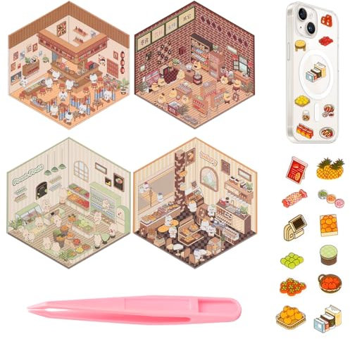 DIY 3D House Stickers 4 Sets, DIY Scene Stickers Supermarket|Coffee Shop|Restaurant|Fruit Shop, Scrapbooking Sticker, Laptops Stickers, Fun DIY Stacking Scene Stickers, Journaling Zubehör