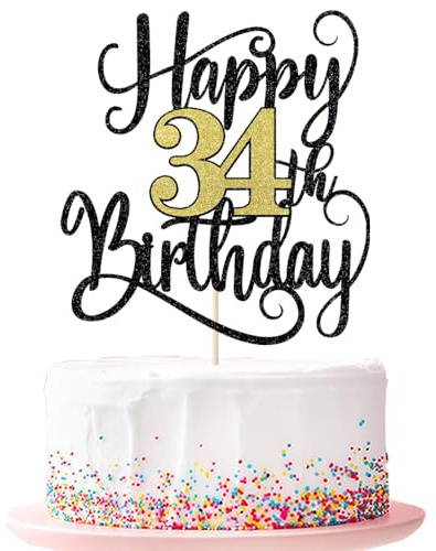 happy 34th birthday cake topper， 34 birthday party cake decorations (Black and gold flashes, 34th)