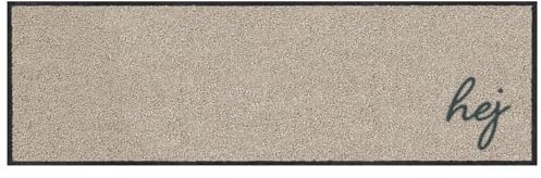 MOCAVI Mat Fußmatte Schuhparkplatz mit Rand 30x100 cm waschbar beige Hej Scandi Schuh-Teppich lang, schmal, Schuhe ausziehen, Deko sbereich innen, außen, Matte, Haustür, Stiefelmatte