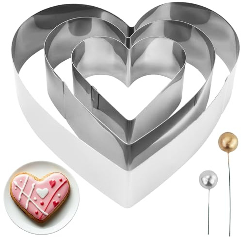 AMANDELIZABE Herzbackform, 3-teiliges Set Herz-Tortenring Kuchenform Edelstahl Tortenring Biskuitherz Herz Form Backrahmen für Tortendeko Kekse Back Zubehör mit 3 Goldene Kugeln und 3 Silberne Kugeln