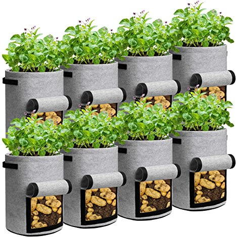 LITLANDSTAR 8 Stück 10 Gallonen Kartoffel Pflanzsack, 37L Kartoffel Pflanzen Tasche aus Vliesstoff mit Sichtbarer Klappe und Griffen für Pflanze Tomaten, Kartoffeln, Gemüse und Blumen (Grau)