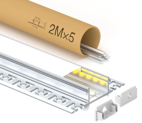 GEEKLUX 5 x LED Fliesenprofil 2 m (10 m), Aluminium Profil Led für Trockenbau bis 20 mm, led Schiene mit PC Diffusor, Maße: 64,2 x 13,8 mm, Ideal für Deckeninstallation und Stuckleisten Decke LED
