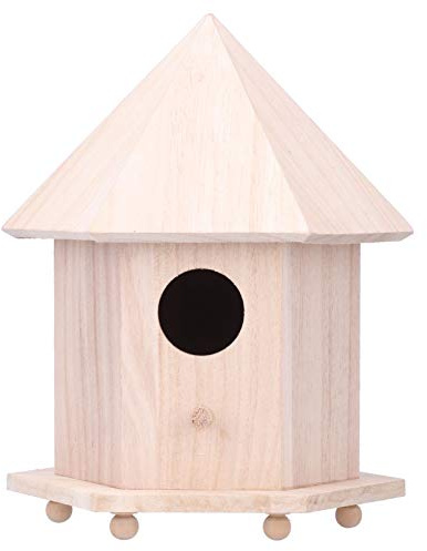 Holz Vogelhaus Feeder Nisting Box Klassische imitierte Holzhaus Design Innovative Stick Design Perfekte Unterstützung für Outdoor Garten Terrasse Dekoration Holz Farbe 17x24x15 cm