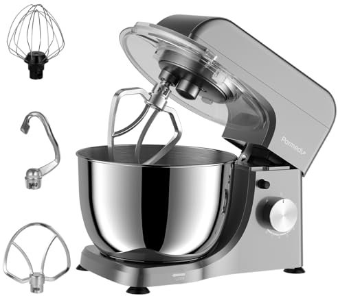 Parmedu Electric Kitchen Stand Mixer: 1000W 8-Speed Compact Tilt-Head Household Food Mixer - 4.5L 304 Stainless Steel Bowl with Cover & Egg Whisk & Dishwasher Safe Dough Hook & Flat Beater