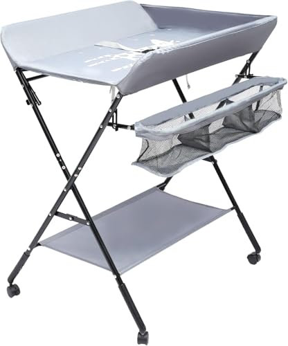 HarBin-Star Table à langer pour bébé - Avec ceinture de sécurité et compartiments de rangement - Avec roulettes - Gris foncé