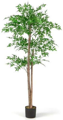 COSTWAY Árbol Artificial de Bambú 150 CM, Planta Falsa de Bambú con 1020 Hojas, Tronco de Madera Natural, Musgo Seco Realista, Planta Artificial en Maceta para Interiores de Casa Oficina Salón Porche