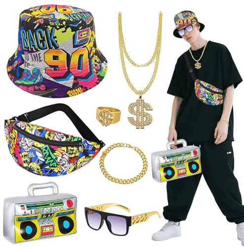 80s 90s Fancy Dress Men Women, 7 Pcs Hip Hop 90s Aaccessories, Bucket Hat Fanny Pack Fake Gold Chain Ring Glasses Inflatable Boom Box, 90's Fancy Dress for Rave Carnival Halloween Rapper Party