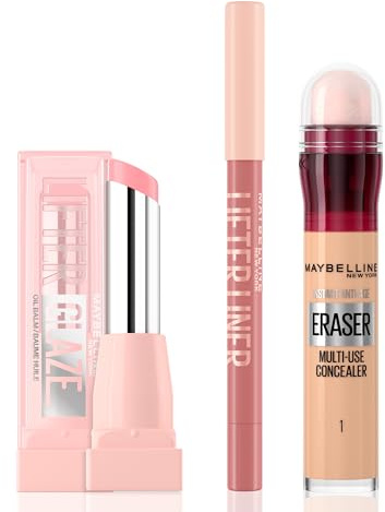 Mrs Hinch's Approved Maybelline Make-Up Must-Haves Bundle; Eraser Eye Concealer Shade Light, Lifter Glaze Lip Oil Balm Shade Pink Drip, Lifter Liner Lip Liner with Hyaluronic Acid Shade Line Leader