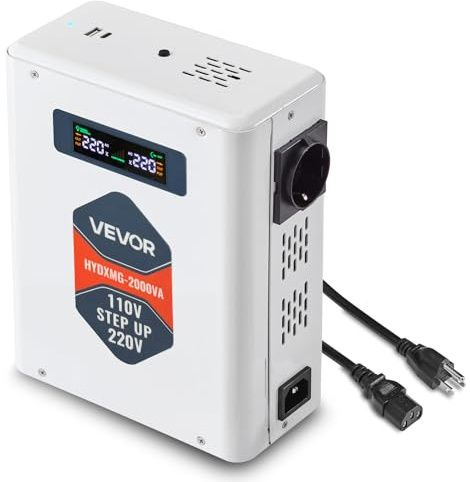 VEVOR Step Up Voltage Converter, 2000VA, Heavy Duty Voltage Power Converter, 110V to 220V Power Transformer, with 2 EU Outlets, USB Output, LCD Display, Temperature Protection, for 220V Appliances
