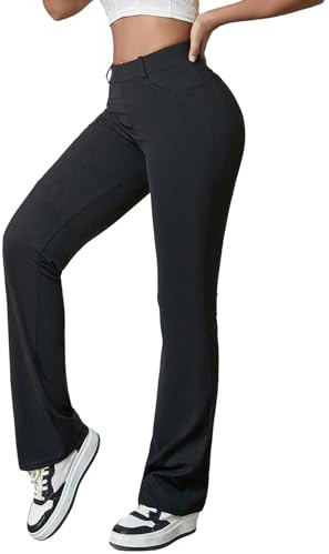 GORGLITTER Damen Schlaghose Stretch Hose Büro Schlaghosen Hohe Taille Bootcut Leggings Jogginghose Arbeitshose mit Taschen Dehnbar Freizeithose Schwarz M