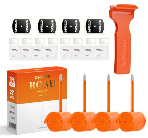 Juego de 4 Cámara de Aire de TPU para Bicicleta 700×18–32C & 32–47C & MTB29''1.9-2.5 con Válvula Presta 45/65/85mm para Bicicletas de Carretera, Gravel y Montaña