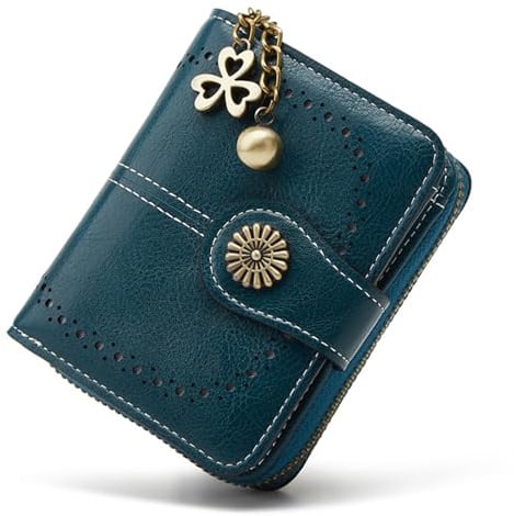 GOIACII Petit Porte-Monnaie pour Femme en Cuir Compact à Deux Volets avec Poche zippée, Bleu