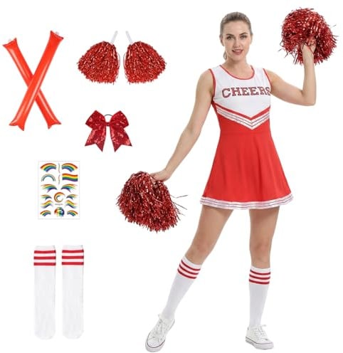SERTAS Cheerleader Kostüm Damen mit Cheerleader Pompoms, Haargummi, Socken, Inflatable Stick Erwachsene Cheerleading outfit für Karneval Party