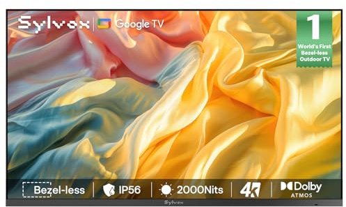 SYLVOX 75 Outdoor TV, Ultra-Narrow Bezel, 2000Nit for Full Sun, Waterproof | 4K Smart Google TV, Dolby Atmos & Vision, IP56 Weatherproof, Sunlight Readable for Garden Poolside Commercial (Frameless Pro)