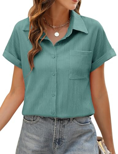 PASUDA Womens Blouse Summer Tops Short Sleeve Button Down Tee Shirts V Neck Elegant Solid Color Work Casual Ladies Tops Loose Basic Tunic Tops (Olive Green, XL)