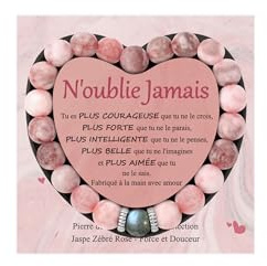 J.Fée Bracelet Femme Pierre Naturelle Zébrée Rose – Idée Cadeau Anniversaire Original Personnalisé – Pour Maman, Amie, Sœur, Collègue Bijou Fait Main avec Carte Écologique