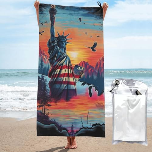 Mexpekil Statue of Freedom 250 USA große Strandtücher für Erwachsene, sandfrei, Mikrofaser, Strandtuch, schnell trocknend, Badetuch mit Tasche für Fitnessstudio, Camping, Schwimmen, Yoga, 80 x 160 cm
