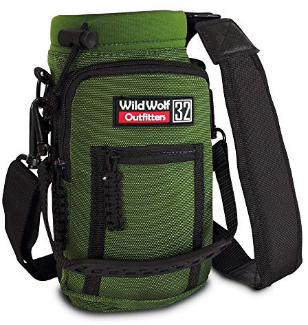 Wild Wolf Outfitters Water Bottle Carrier Holder with Adjustable Strap and 2 Pockets for Hands-Free Walking and Hiking | Green, 1 L