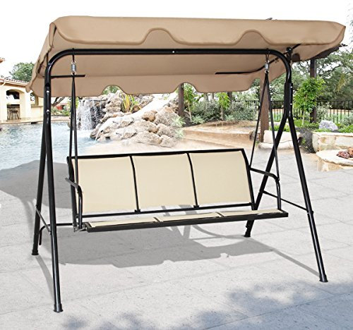 COSTWAY Outdoor Swing Chair, 3 Seater Garden Luxury Hammocks, Swinging Bench Lounge Seat for Garden, Patio, Deck and Poolside (Brown)