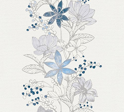 A.S. Création Esprit Vliestapete mit Glitter Romantic Botanics Tapete mit Blumen floral 10,05 m x 0,53 m blau metallic weiß Made in Germany 357543 35754-3