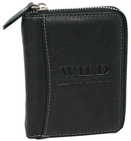 WILD THINGS ONLY !!! Herren Geldbörse aus Echt-Leder mit umlaufendem Reißverschluss & RFID Schutz (Hochformat, Schwarz)