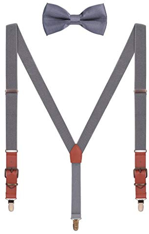 WANYING Hosenträger Fliege Sets für Herren Jugendlichen Y Form 3 Anti-Rost Clips Hosenträger Elastisch Verstellbar Classic Schick Gentleman - Dunkelgrau