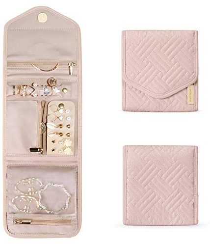 BAGSMART Resesmycke organiseringsfodral vikbar smyckesrulle för resor, halsband, örhängen, armband, mini, mjuk rosa