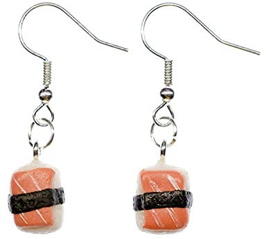 Miniblings Sushi Ohrringe Hänger Nigiri Fisch Essen Japanische Küche rosa schräg - Handmade Modeschmuck I Ohrhänger Ohrschmuck versilbert