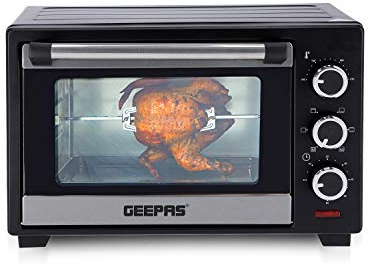 GEEPAS 19L Mini Oven & Grill | Electric Oven with Rotisserie Baking Roasting Grilling | 1280W Temp Control 100–230°C Double Glass Door 60min Timer Auto Shut Off Bell | Compact for Dorm Caravan Kitchen