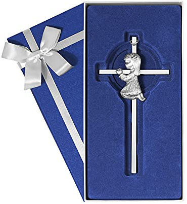 Baby Wandkreuz Taufgeschenk für Mädchen, 15 cm Silber Betendes Mädchen Kreuz zur Taufe, Erstkommunion, Christenlehre und Widmung – Taufgeschenk von Paten