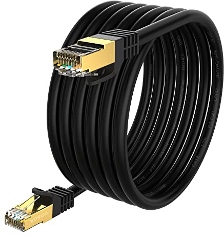 VOSGA Câble Ethernet Cat 6 d'extérieur - Blindé - Haute vitesse - Gigabit - Câble réseau LAN 26 AWG - Connecteurs RJ45 plaqués or - Étanche Rond - Noir (Rond Noir, 35M)