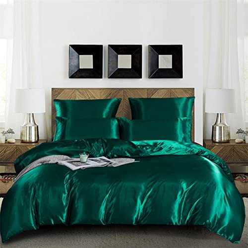Damier Satin Bettwäsche 200x220cm Grün Glänzend Glatt Bettbezug Set 3 Teilig Hochwertiges Deluxe Satin Deckenbezug mit Reißverschluss und 2 Kissenbezüge 80 × 80 cm