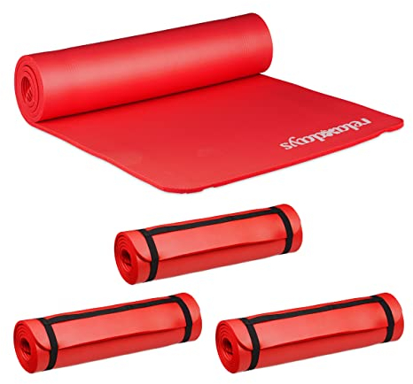 Relaxdays 4 x Yogamatte, 1 cm dick, für Pilates, Fitness, gelenkschonend, mit Tragegurt, Gymnastikmatte 60 x 180 cm, rot