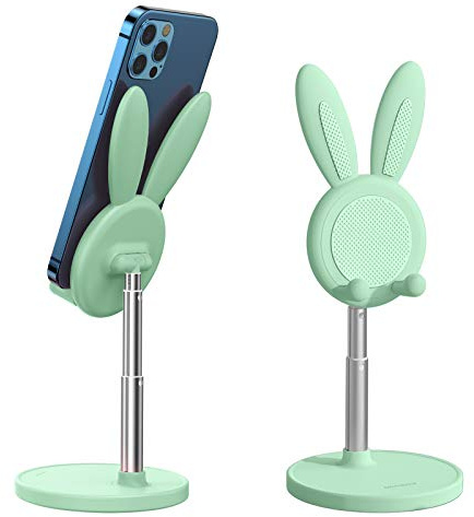 nediea Cute Bunny Phone Holder, Rabbit Cell Phone Stand for Desk (Green) | Height & Angle Adjustable, Compatible with iPhone 17/16/15/14/12/11, Most Mobile Phone or Tablet 4-10 Inch