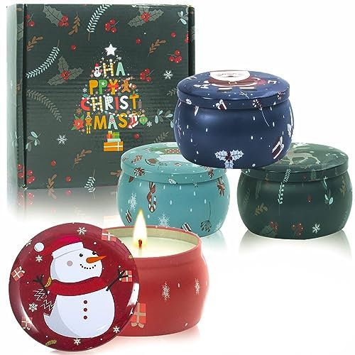 Weihnachts-Duftkerzen, Geschenke für Frauen: 4 Stück Aromatherapie-Kerzen, Kürbis, Zimt, Lavendel, Zitrone, 100% natürliches Sojawachs, Kerze, 125 g, tragbares Zinn-Geschenkset