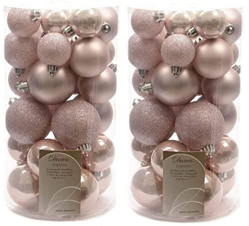 60 Blush Pink Christmas Baubles Rose Gold Shatterproof Tree Decor Glitter Shiny