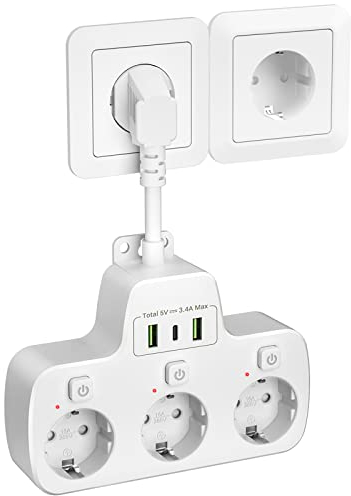 Ciabatta Multipresa con Interruttori Indipendenti, Presa Multipla Salvaspazio 3 Prese Schuko con Interruttore Ciabatta Elettrica USB C Adattatore Multipresa parete Spina Tedesca Cavo 0,1m, Bianco