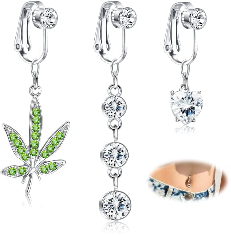 JeryWe 3pcs Clip Faux Percing au Nombril pour Femmes Acier Chirurgical Clip sur Nombril Anneaux Non Percé Faux Anneaux Ventre Piercing Zircon Cubique Coeur Lune Dangle Faux Nombril Barres Piercing
