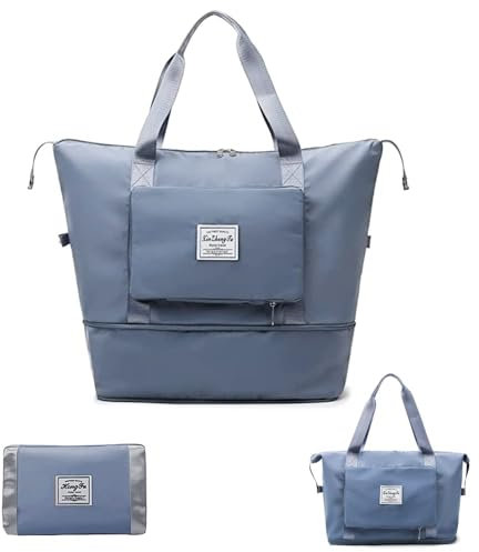 Groß Sporttasche für Herren und Damen - Faltbare Reisetasche with Fixed Shoulder Strap Crossbody, Wet Bag Compartment, Lightweight Waterproof Travel Handbag (Blau)