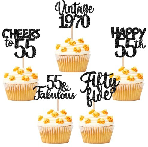 30PCS Happy 55th Birthday Cupcake Toppers Glitter Fifty Five Vintage 1969 Cupcake Picks 55 Fabulous Cheers to 55 Years Cake Decorations for 55th Birthday Anniversary Party Supplies Black