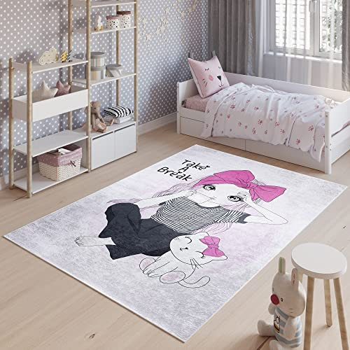 TAPISO Emma Teppich Waschbar bei 30 Grad Grau Mädchen Katze bedruckter Kinderteppich Antirutsch Kinderzimmer Jugendzimmer Modern ÖKO-TEX 140 x 200 cm