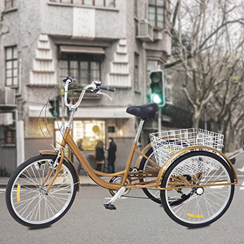 KOLHGNSE Dreirad für Erwachsene, 24 Zoll Dreirad 6-Gang 3-Rad Fahrrad Erwachsene Dreirad Cruise Trike Bike mit Korb & Licht für alle Geschlechter und Altersgruppen (Gold)