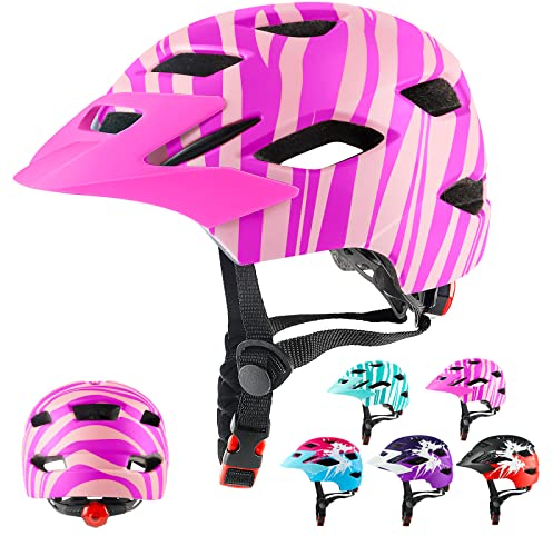 RaMokey Casque de vélo léger pour Enfants, garçons et Filles de 3 à 15 Ans, Enfants Casque de vélo de Montagne avec feu arrière, Cadran réglable, visière Amovible (48-56 cm) (Rose+Orange)
