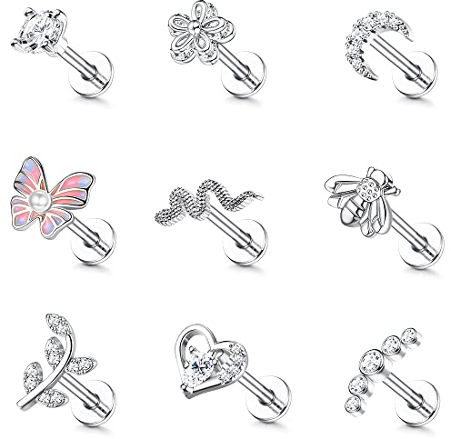 CASSIECA 9 Pcs 16G Helix Ohrringe Damen Chirurgenstahl Ohrringe Piercing Schmetterling Blume Schlange Ohr Piercing Ohrringe Ohrstecker Knorpel Ohrringe Set Helix Tragus Piercing Damen Ohr Schmuck