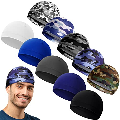 Tarpop 10 Pcs Men Skull Caps Cooling Welding Hard Helmet Liner Cycling Skull Caps Wicking Beanie Do Rag Head Wrap for Men(Camouflage and Solid Color Style)