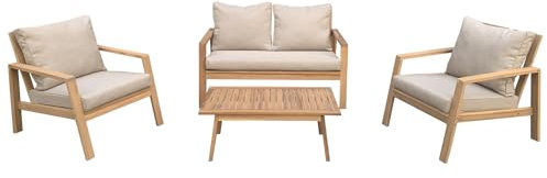 Happy Garden Gartenmöbel Gili aus Akazienholz mit sandfarbenen Kissen. Outdoor-Set aus Sofa, Sessel und Couchtisch für 4 Personen.