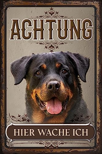 30 x 20 cm wetterfestes Blechschild, Warnhinweis, Torschild, Achtung, hier Wache ich! Warnung vor dem Hund (Rottweiler)