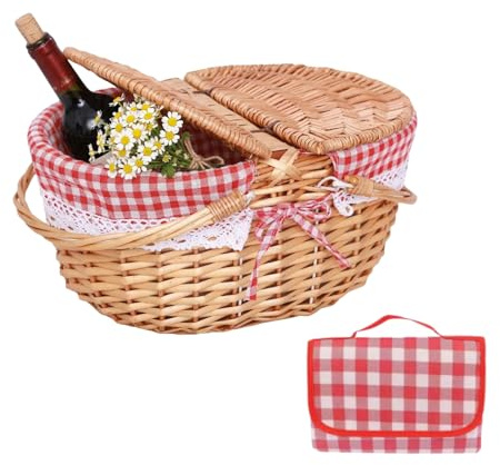 GOVNPJ Wicker Picnic Baskets, Country Vintage Picnic Basket with Picnic Cloth Split Lid Picnic Basket, with Folding Handle Picnic Hamper for Picnic Hiking Camping（13.78 D x 9.84 W x 6.69 H）