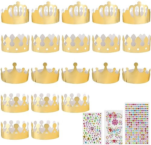Fyihoxi 20 Stück Goldenen Papierkronen Set, Geburtstagskrone, Kronen Basteln Kindergeburtstag, mit Schmucksteine Selbstklebend und Aufkleber - für Kinder Erwachsene Geburtstagsfeier Party
